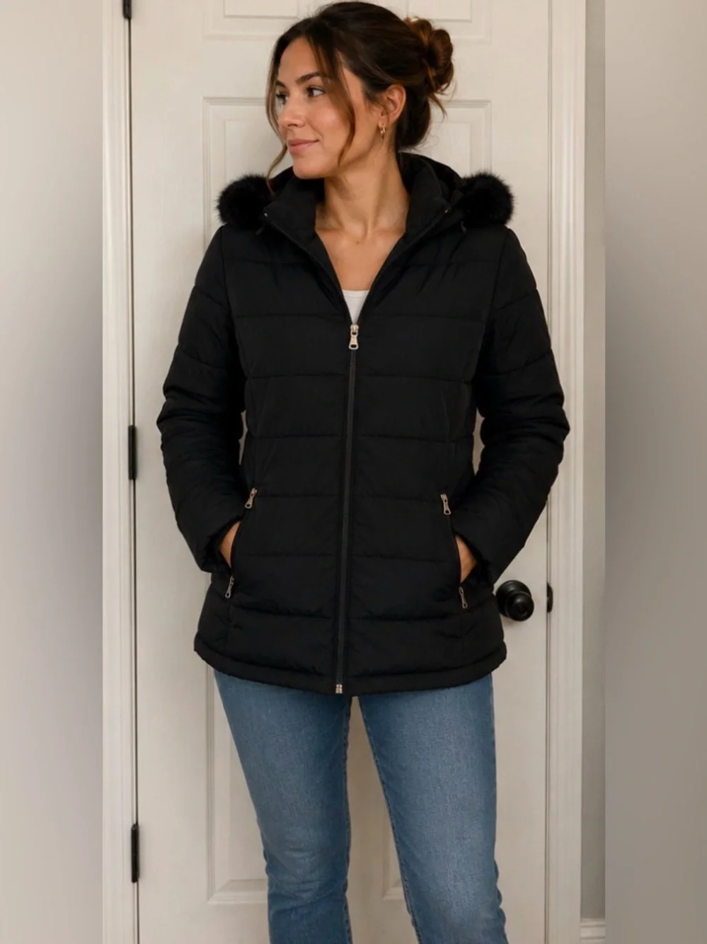 Calvin Klein Black Puffer Jacket Detachable Faux Fur Hood Women’s XXL